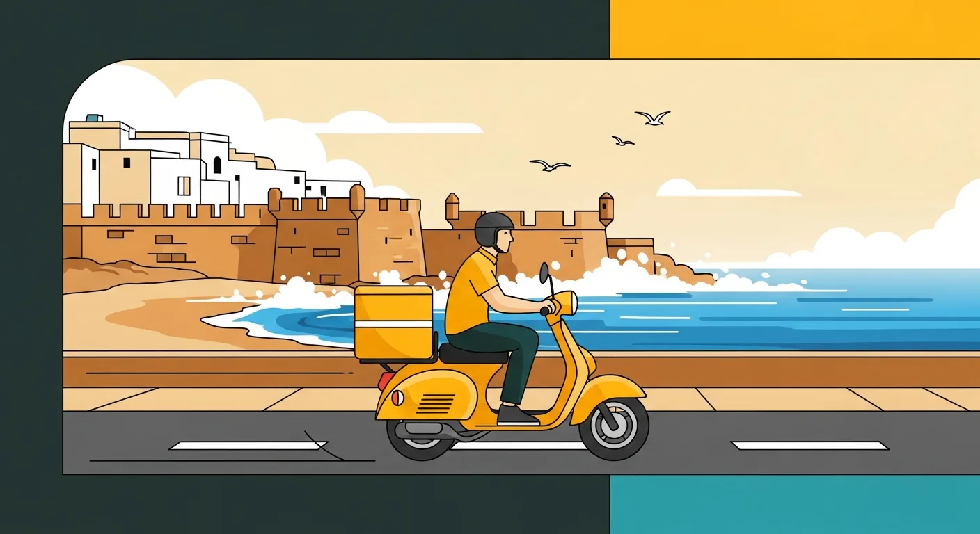 Livreur CMAS Logistics le long des remparts d'Essaouira